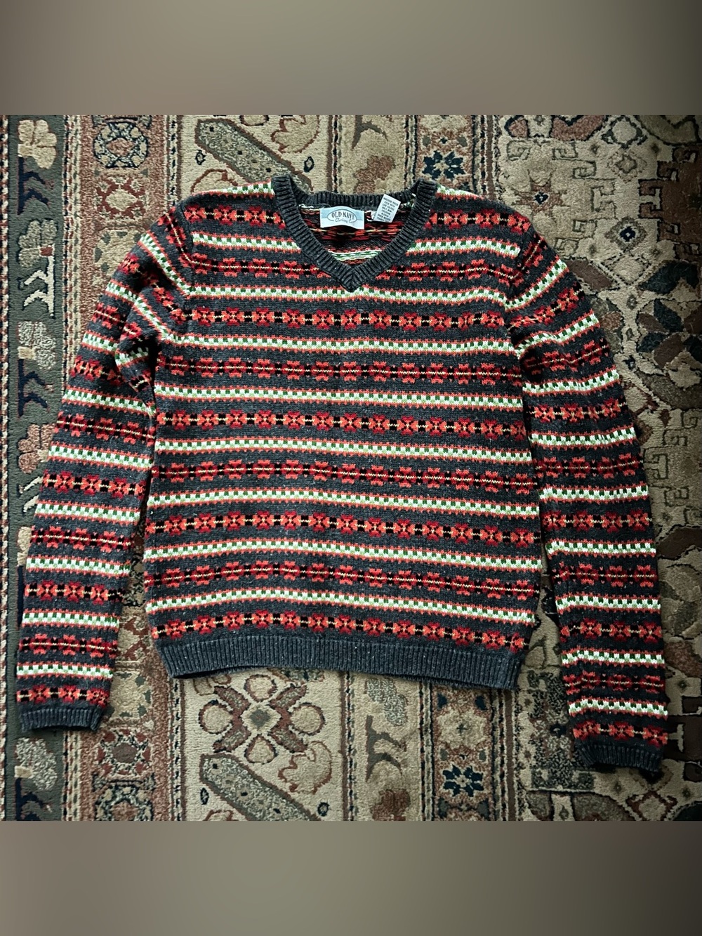 Vintage Old Navy Colorful Patterned Cotton V‑Neck Sweater